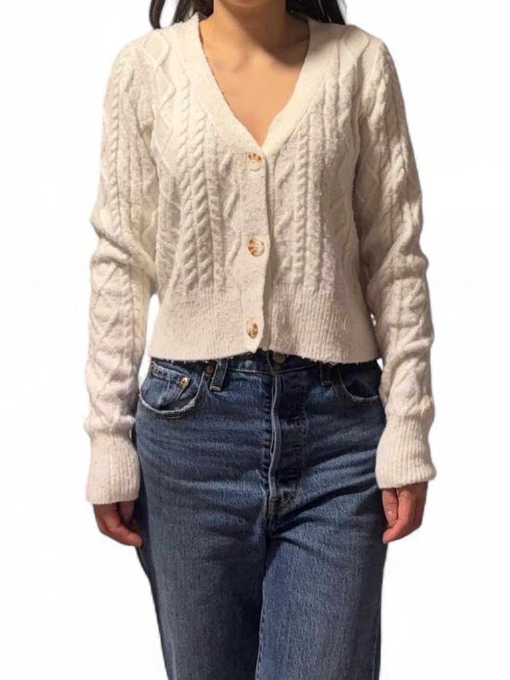 Jessica Simpson Cream Cable Knit V-Neck Button Cardigan
